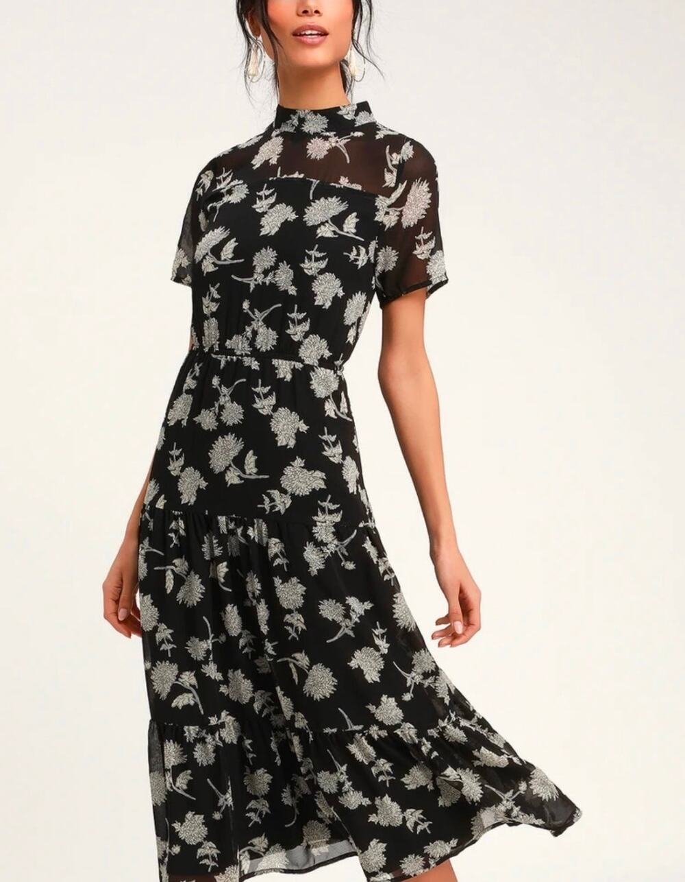 Lulus Black Floral Dressed Up Midi Sheer Dress